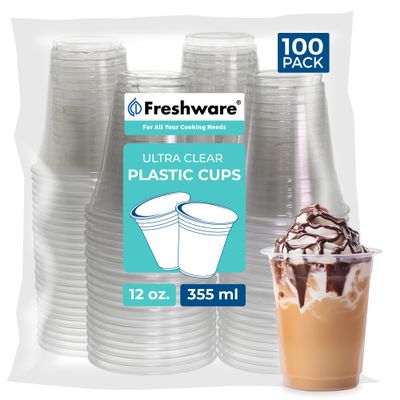 Freshware 12 oz Clear Disposable Plastic Cups, 100 Pack Clear Plastic Cups Tumblers, Heavy-duty Party Glasses, Disposable Cup for Thanksgiving, Halloween, Christmas Party
