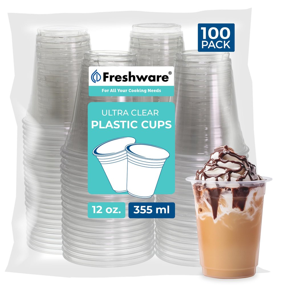 Freshware 12 oz Clear Disposable Plastic Cups, 100 Pack Clear Plastic Cups Tumblers, Heavy-duty Party Glasses, Disposable Cup for Thanksgiving, Halloween, Christmas Party
