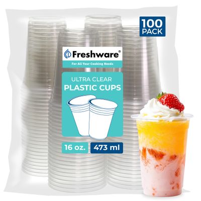 Freshware 16 oz Clear Disposable Plastic Cups, Clear Plastic Cups Tumblers, Heavy-duty Party Glasses, Disposable Cups for Thanksgiving, Halloween, Christmas Party, 16 Oz Cups, 100 Count (Pack of 1)