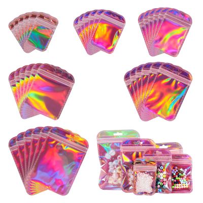 120 Pack Plastic Resealable Bags Iridescent Holographic Packaging Bags Ziplock Plastic Bag Gift Pouch Baggies 6 Sizes for Jewelry Lip Gloss Small Business Gift Storage Packaging