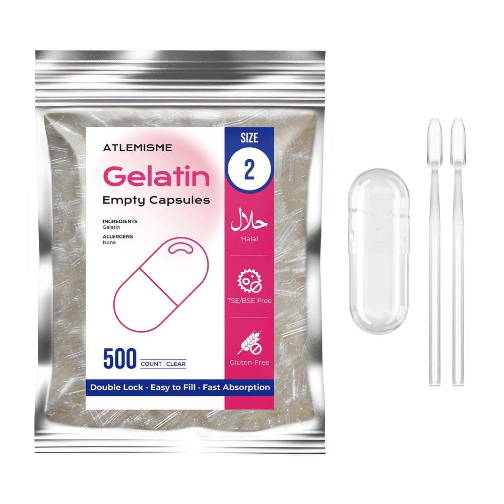 ATLEMISME Empty Gelatin Capsules Size 2 - Gelatin Capsules Empty (500 Count) Empty Capsules DIY Gelatin Capsule Filling - Gel Capsules Empty Caps with 2 Micro Lab Spoons for Capsule Filling