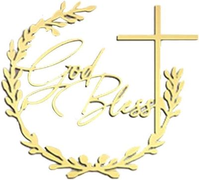 Gold Color God Bless and Cross Cake Topper,Cross Christening Cake Topper,Baptism First Communion for Birthday Party Cake Decorations Frosting