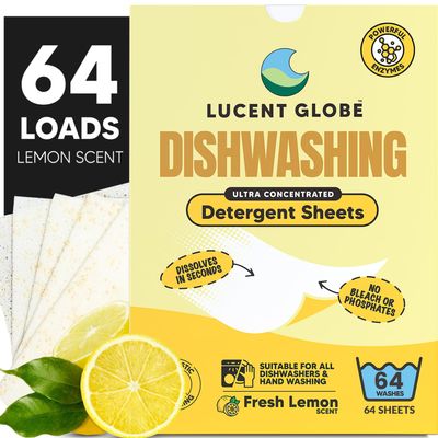 Lucent Globe Dishwasher Dishwashing Detergent Sheets, Dish Soap & Dishwashing Tablets Alternative. Plant-Based, Eco-Friendly, Lemon Scent & Plastic Free Packaging (64 Sheets)