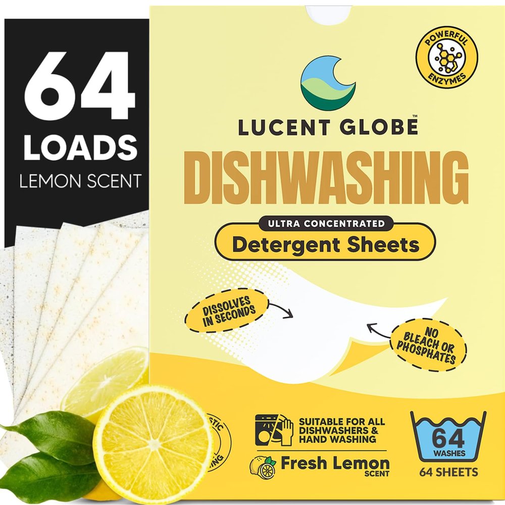 Lucent Globe Dishwasher Dishwashing Detergent Sheets, Dish Soap & Dishwashing Tablets Alternative. Plant-Based, Eco-Friendly, Lemon Scent & Plastic Free Packaging (64 Sheets)