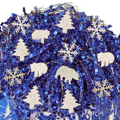PAPER FAIR 1LB Christmas Royal Blue Crinkle Cut Paper Shred Filler w/Polar Bear Confetti, Silver Iridescent Glitter Strand Raffia Tissue, Xmas Tree Gift Box Basket Packaging Wrap Bedding Cushion