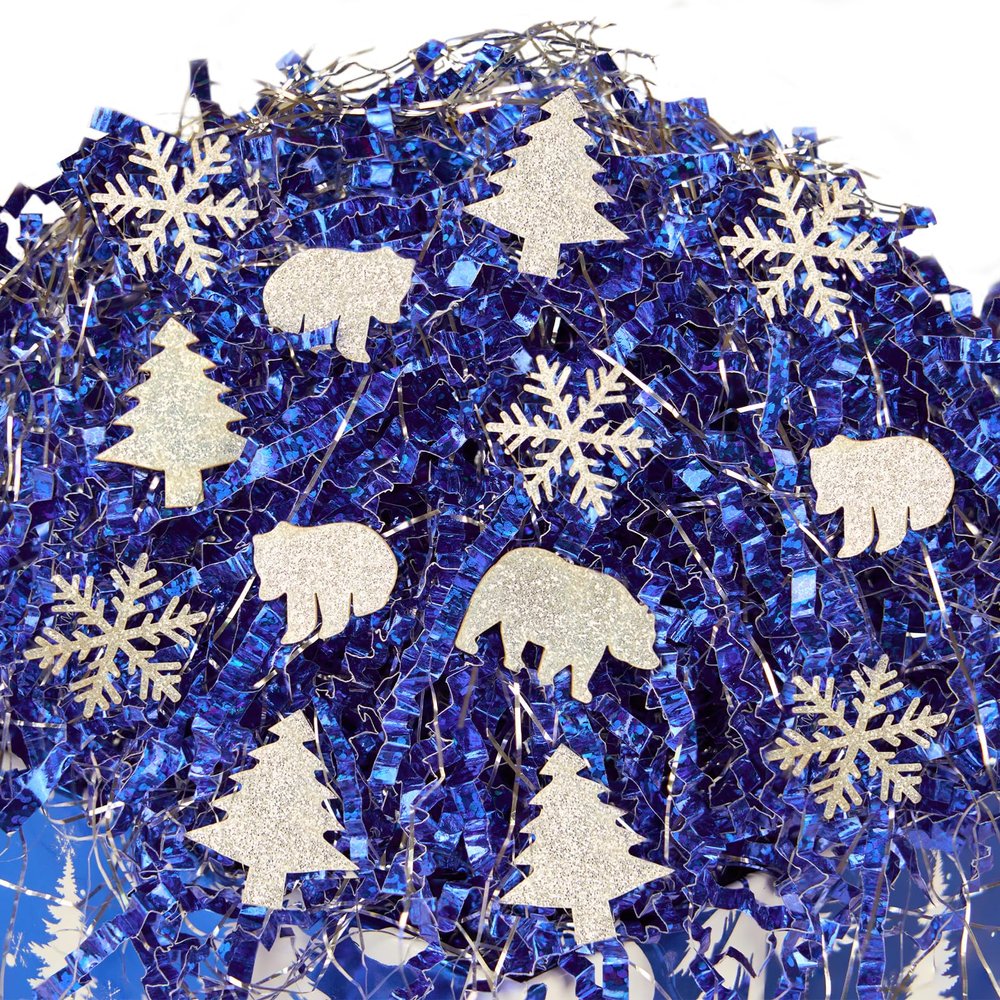 PAPER FAIR 1LB Christmas Royal Blue Crinkle Cut Paper Shred Filler w/Polar Bear Confetti, Silver Iridescent Glitter Strand Raffia Tissue, Xmas Tree Gift Box Basket Packaging Wrap Bedding Cushion