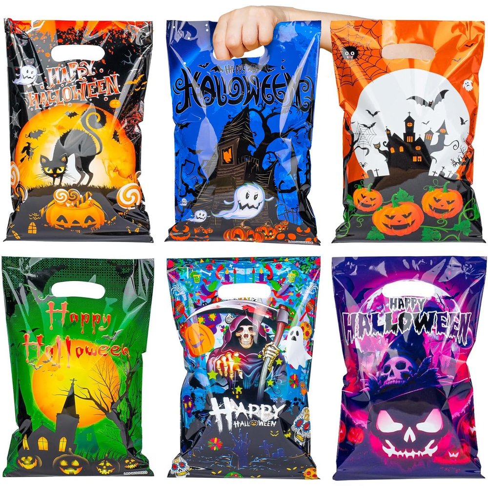 HAPMARS 60 Pcs Halloween Goodie Bags,Trick or Treat Bags Bulk Plastic Candy Bag with Handle 6 Designs, Pumpkin Halloween Snack Cookie Gift Bag Party Favors Event Supplies for Boys Girls Kids Adult