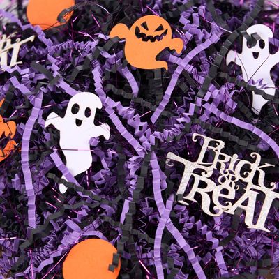 PAPER FAIR 16oz Halloween Crinkle Paper Filler, Black Purple Iridescent Glitter Strand Raffia Shred w/Orange Ghosts Trick or Treat Confetti, Candy Gift Wrapping Basket Box Craft Bedding Cushion