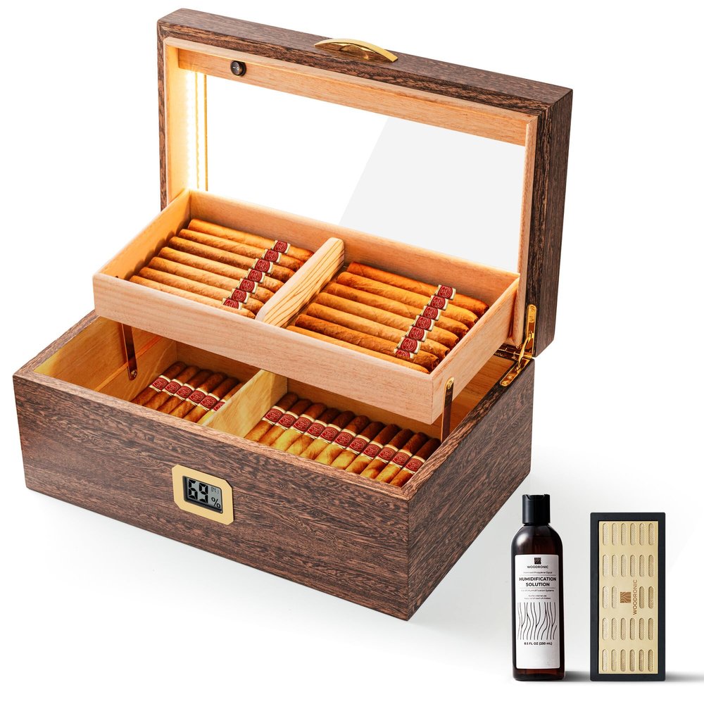 Woodronic Cigar Humidor for 120 Counts with LED Light, Digital Hygrometer, Crystal Gel Humidifier, Humidor Solution, Spanish Cedar Lined & Dividers, Desktop Cigar Case Gift for Men