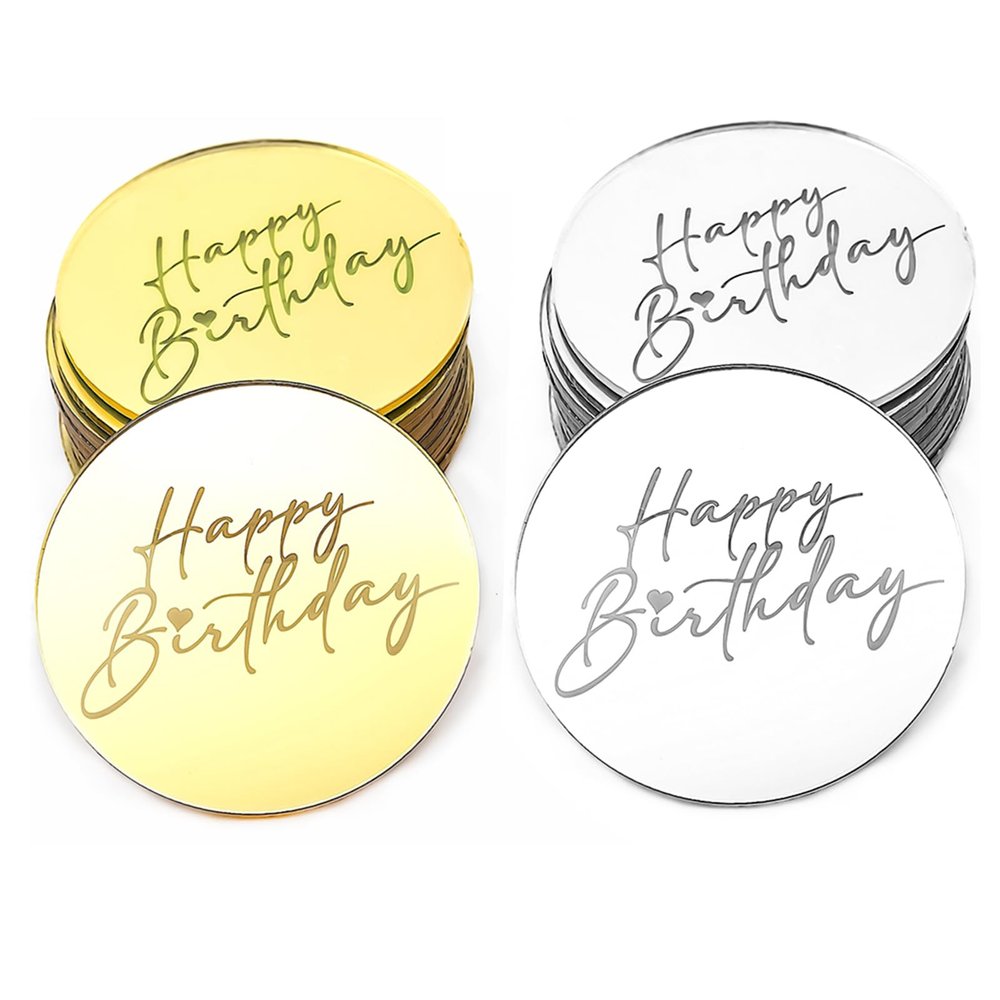 AiQi Bakes 12pcs Happy Birthday Mirror Acrylic Cake Disc Acrylic Cupcake Toppers for Birthday Party DIY Cupcake Decoration