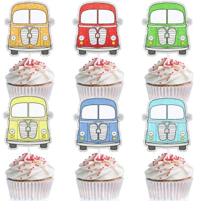 18 Pieces Bus Cupcake Toppers Kids Happy Birthday Retro Classic Car Decorations Boys and Girls Birthday Party Baby Shower Transportation Decorations
