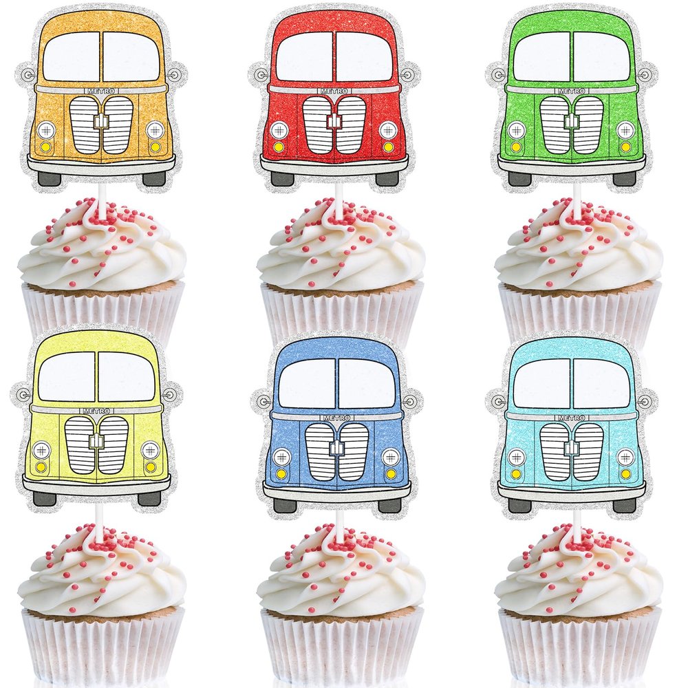 18 Pieces Bus Cupcake Toppers Kids Happy Birthday Retro Classic Car Decorations Boys and Girls Birthday Party Baby Shower Transportation Decorations