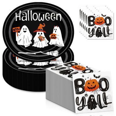100Count Halloween Oval Paper Plates and Napkins Sets -10" x 12" Heavy Duty Party Plates and 6.5'' Napkins for Halloween Party