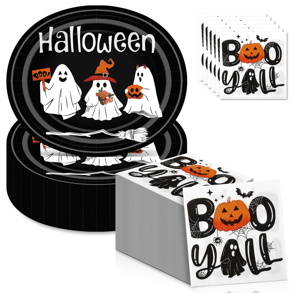 100Count Halloween Oval Paper Plates and Napkins Sets -10" x 12" Heavy Duty Party Plates and 6.5'' Napkins for Halloween Party