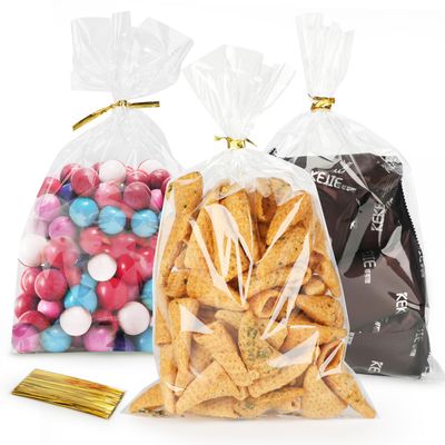 ROLYTA 100 Pcs Cellophane Treat Bags, 6x10 Inch Clear Cellophane Gift Bags with 110 Twist Ties for Packaging Candy Cookie Bakery Party Favor Bags