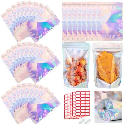 150-pack 5.9 x 8.7 Stand Up Mylar Bags with Clear Window Holographic Resealable Foil Pouches for Food Storage Smell Proof Edible Packaging Bag for Small Business, Small Holographic Bag Bulk