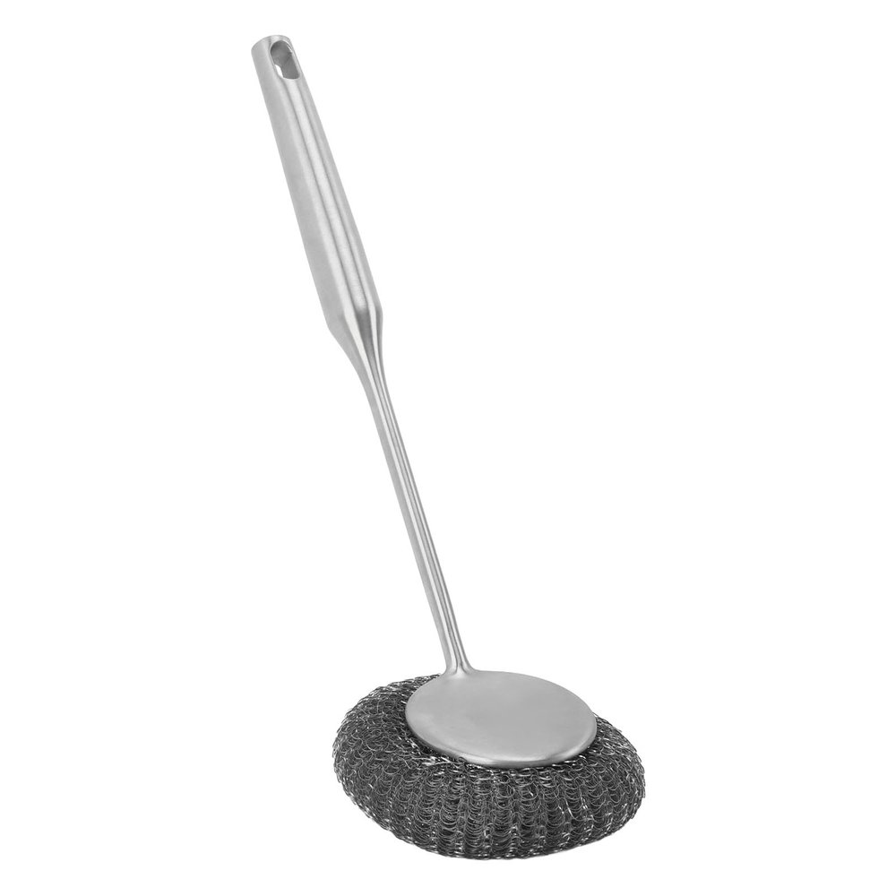 FLEXMAN Stainless Steel Scrubber, Long Handle Steel Wool Scrubber, Scrubbing Scouring Pad with Hanging Hole for Pots, Dishes, and Kitchen Utensils (Silver)