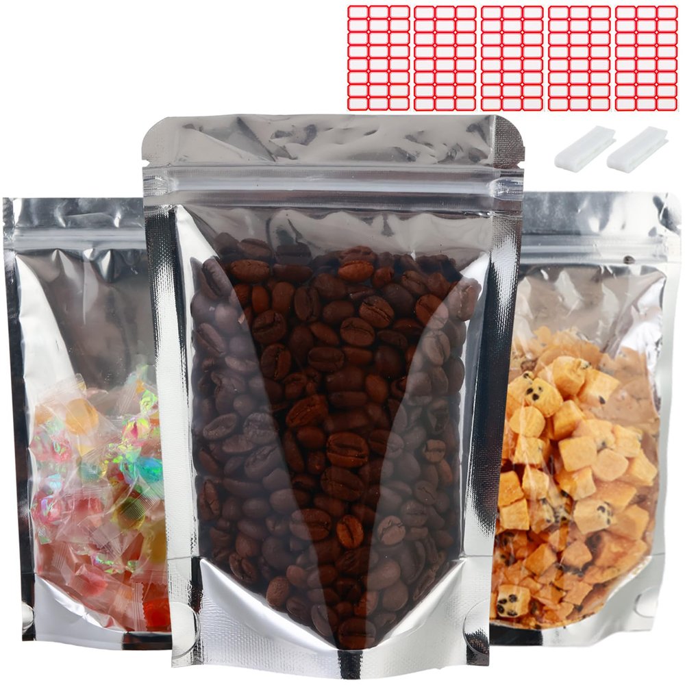 150-pack 4.7" x 7.9" Stand Up Mylar Bags with Clear Window Resealable Silver Aluminum Foil Pouches for Food Storage Smell Proof Edible Packaging Bag for Cookies and Small Business Bulk