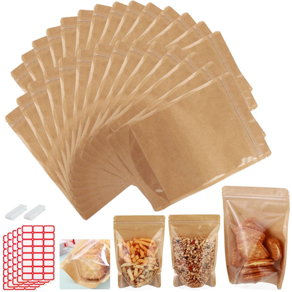 200-pack 3.9 x 5.9 Stand Up Kraft Paper Mylar Bags with Clear Window Resealable Foil Pouches for Food Storage Smell Proof Edible Packaging Zip Bag for Small Business, Small Zip Bag Bulk