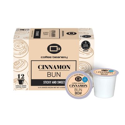 Coffee Beanery Cinnamon Bun Decaf Pods | 12ct Flavored Medium Roast | 100% Specialty Arabica | Gourmet
