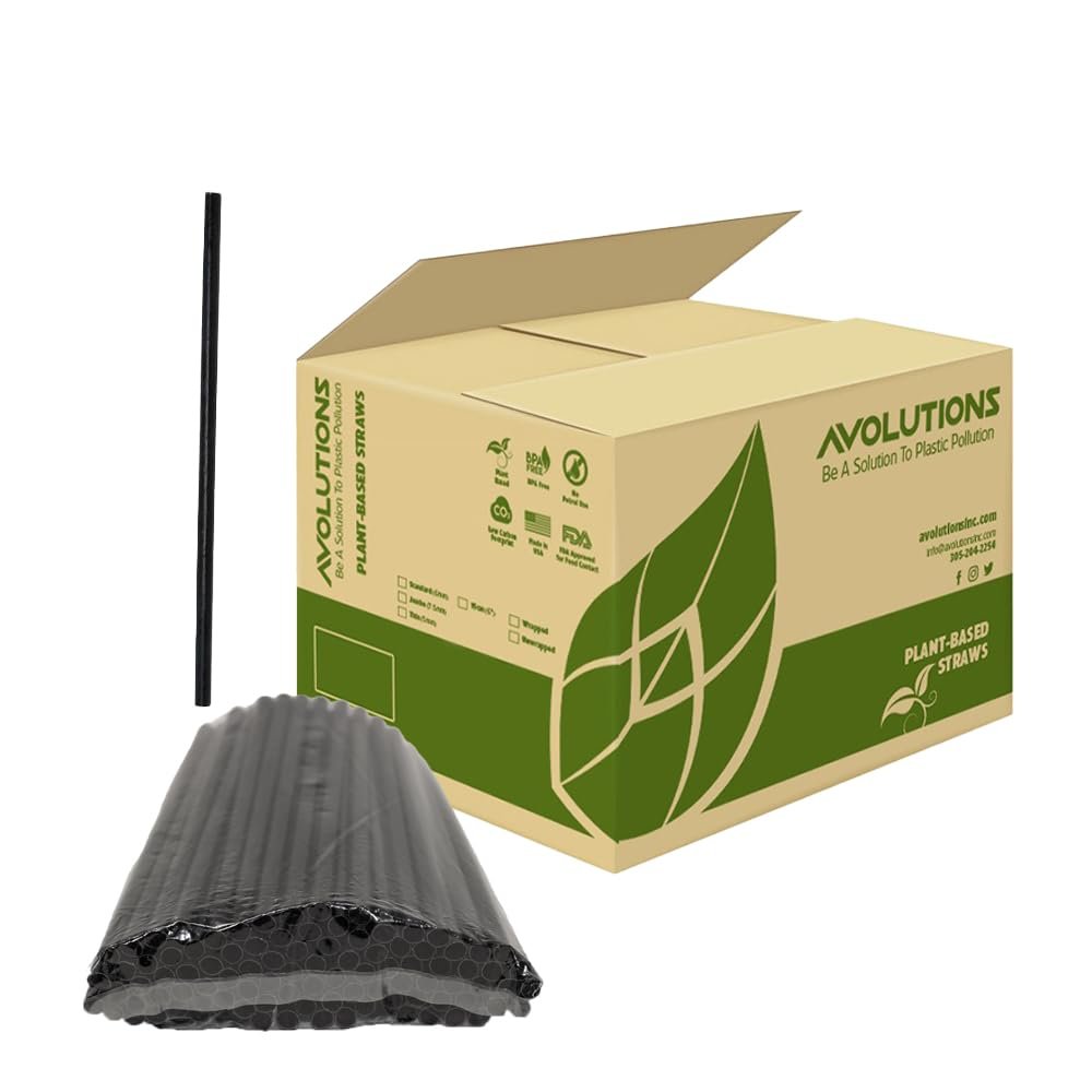 Standard Black Premium Agave Drinking Straw- 8.25" Unwrapped - 2000ct - Biodegradable Plant Based Agave Fibers that can be used in both hot and cold beverages.