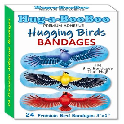 Hugging Birds - Premium Adhesive Bird Bandages from Hug-a-BooBoo, The Bird Bandages That Hug! Pretty Colorful Birds - American Goldfinch, Blue Jay, Red Cardinal, Indian Parrot 24 Ct Box