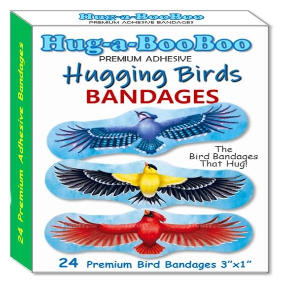 Hugging Birds - Premium Adhesive Bird Bandages from Hug-a-BooBoo, The Bird Bandages That Hug! Pretty Colorful Birds - American Goldfinch, Blue Jay, Red Cardinal, Indian Parrot 24 Ct Box