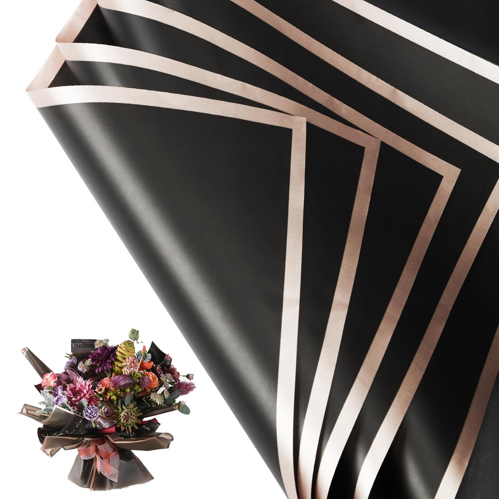 30 Sheets Black Gold Edge Flower Bouquet Wrapping PaperFlorist Supplies Waterproof Floral Bouquet Wrapping Paper Bouquet AccessorieFlower Shop Packaging Pape for DIY Gift Wedding Birthday