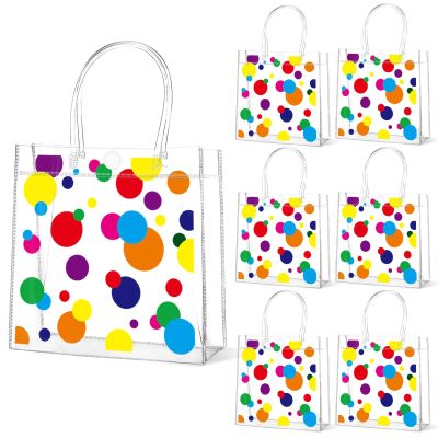 Lonfliness 24Pcs Polka Dot Clear PVC Gift Bags with Handles Bulk Rainbow Goodie Treat Candy Bags Colorful Rainbow Wrap Tote Bags for Birthday Party Favor Baby Shower Decorations Supplies 8 x 8 x 3in