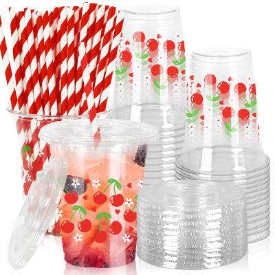 JarThenaAMCS 50Pcs Cherry Plastic Cups with Lids and Straws Red Cherry Flower Heart Clear Plastic Cups 12oz Disposable Cups for Daily Holiday Party Supplies