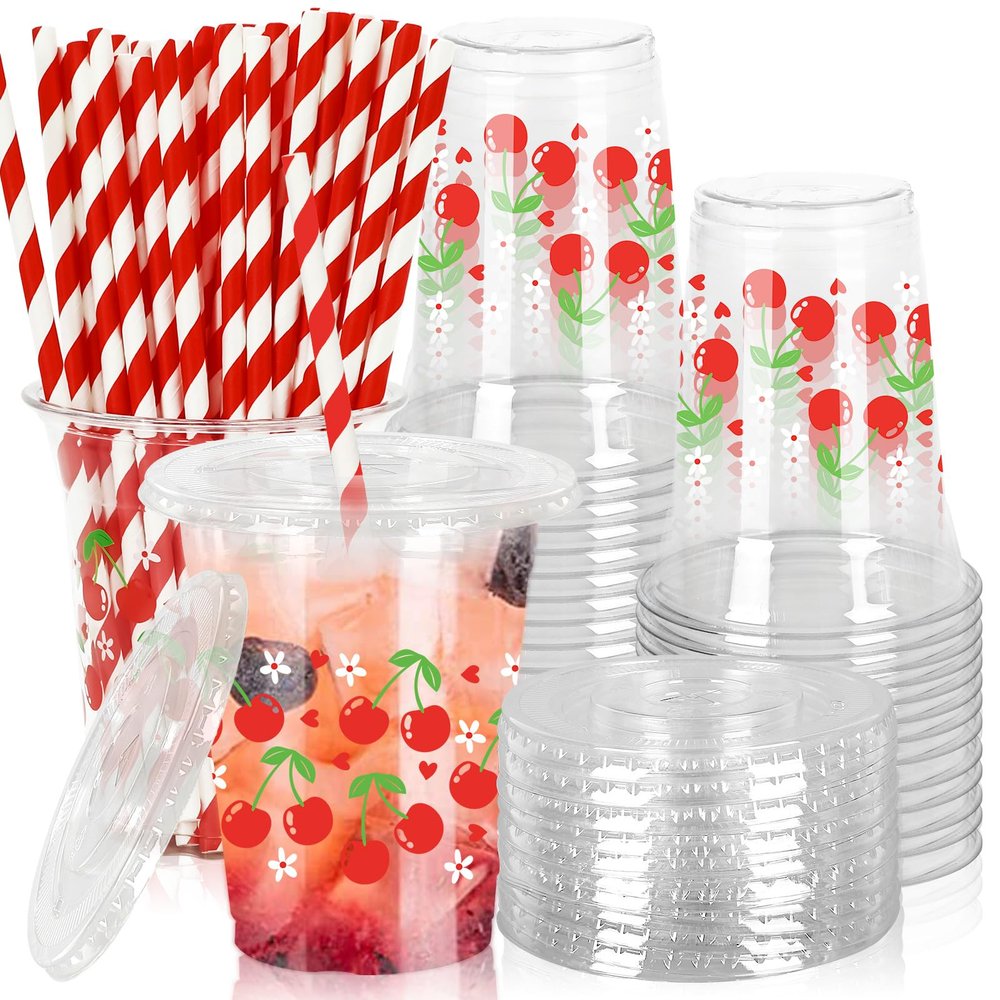 JarThenaAMCS 50Pcs Cherry Plastic Cups with Lids and Straws Red Cherry Flower Heart Clear Plastic Cups 12oz Disposable Cups for Daily Holiday Party Supplies