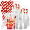 JarThenaAMCS 50Pcs Cherry Plastic Cups with Lids and Straws Red Cherry Flower Heart Clear Plastic Cups 12oz Disposable Cups for Daily Holiday Party Supplies view 1