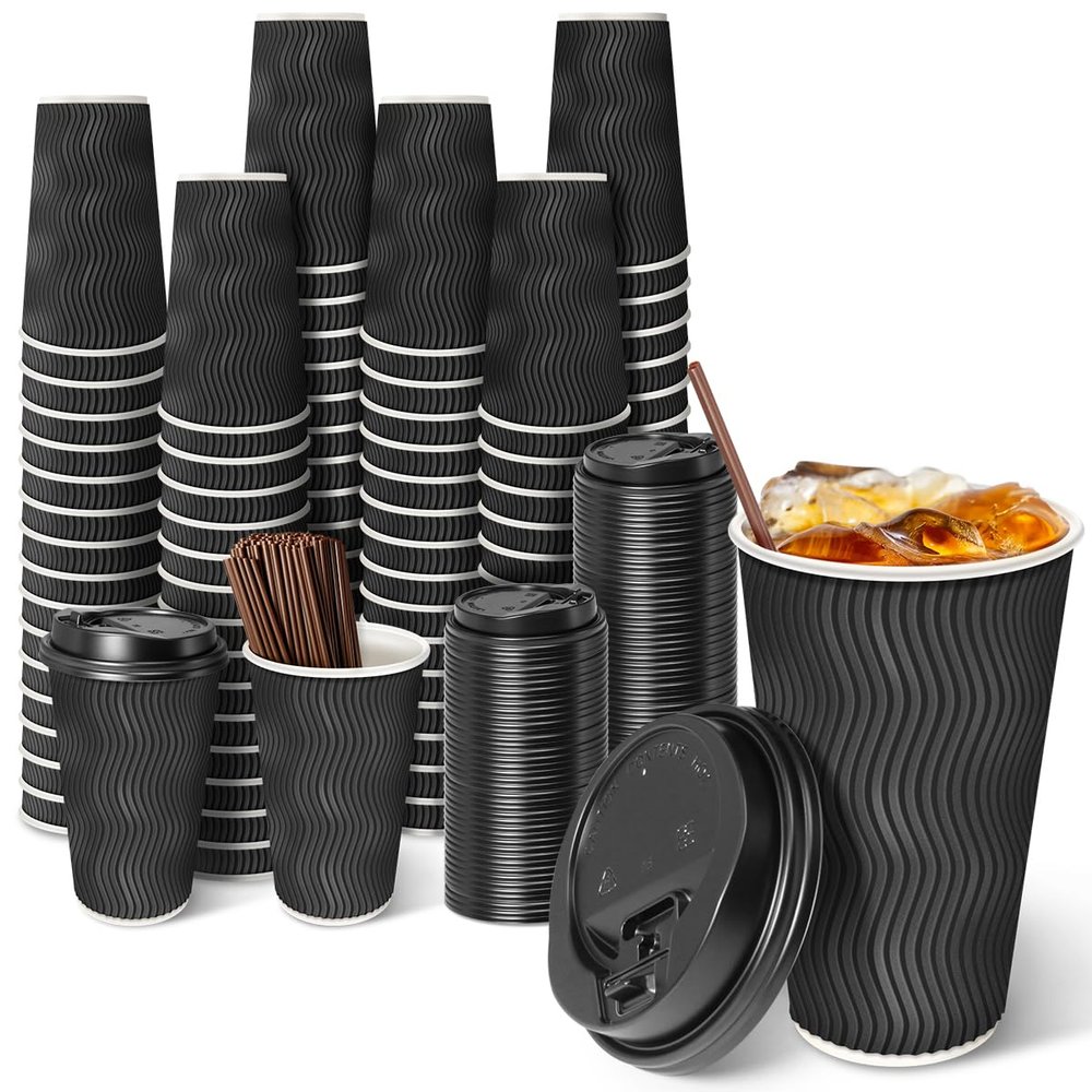 [100 Set] 16 oz Disposable Coffee Cups with Lids, Insulated Paper Cups with Stirring Straw, Leak-Free Food Safe Solo Cups, Ripple Double-Walled Paper Cup for Hot Beverage or Cold Drinks (Black)