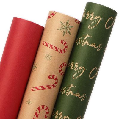 Ribbli Christmas Wrapping Paper Mini Rolls Brown Red Green Kraft Vintage Wrapping Paper Rolls, Candy Cane Christmas Printed Assortment - 17 inch x 120 inch(10feet) Per Roll