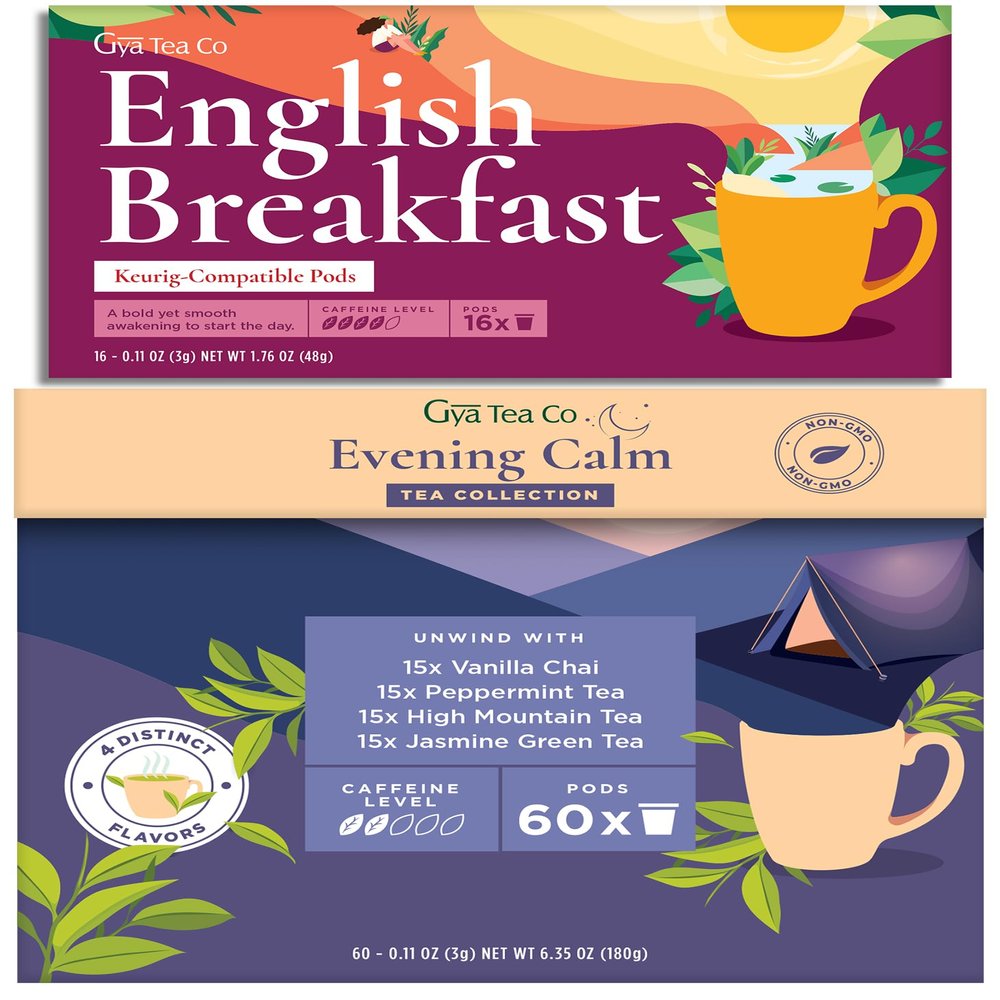 Gya Tea Co Evening Calm Tea (60 Pods) K Cups Tea Pods Variety Pack & English Breakfast Tea K-Cup (16 Pods) K Cups Variety Pack for Keurig 2.0 &1.0