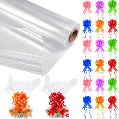 Zonon 31.5 in x 196 ft Clear Cellophane Wrap Roll with 60 Pull Bows, Thick Sheer Cellophane Wrap Clear Gift Wrapping Paper for Baskets, Gifts, Food, Flowers, Handicrafts