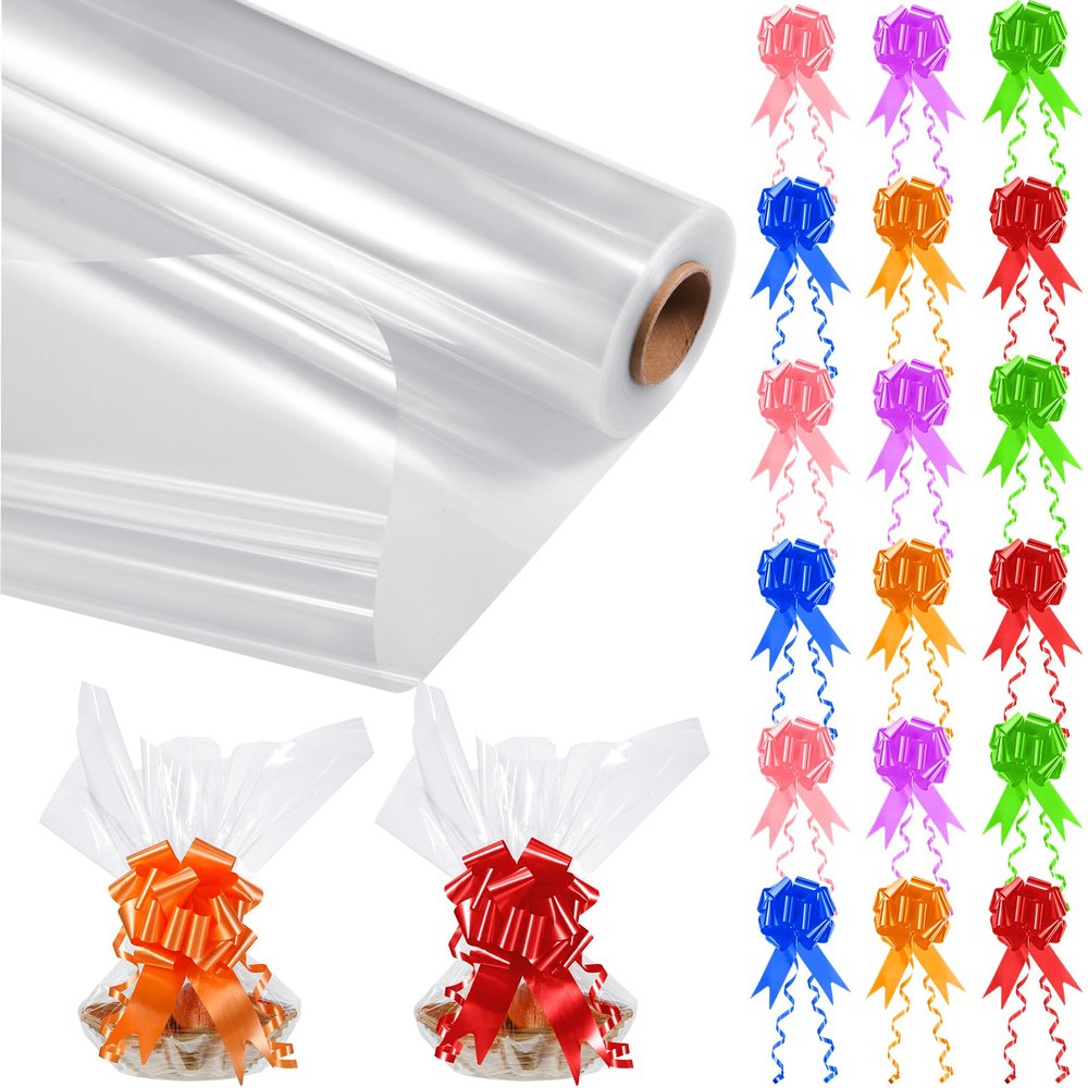 Zonon 31.5 in x 196 ft Clear Cellophane Wrap Roll with 60 Pull Bows, Thick Sheer Cellophane Wrap Clear Gift Wrapping Paper for Baskets, Gifts, Food, Flowers, Handicrafts