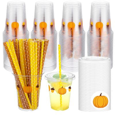 100 Set Fall Pumpkin Disposable Plastic Cups with Lids and Straws 12 oz Pumpkin Acorn Plastic Party Cups Transparent Cold Beverage Drinking Cups for Autumn Thanksgiving Party Supplies(Orange)