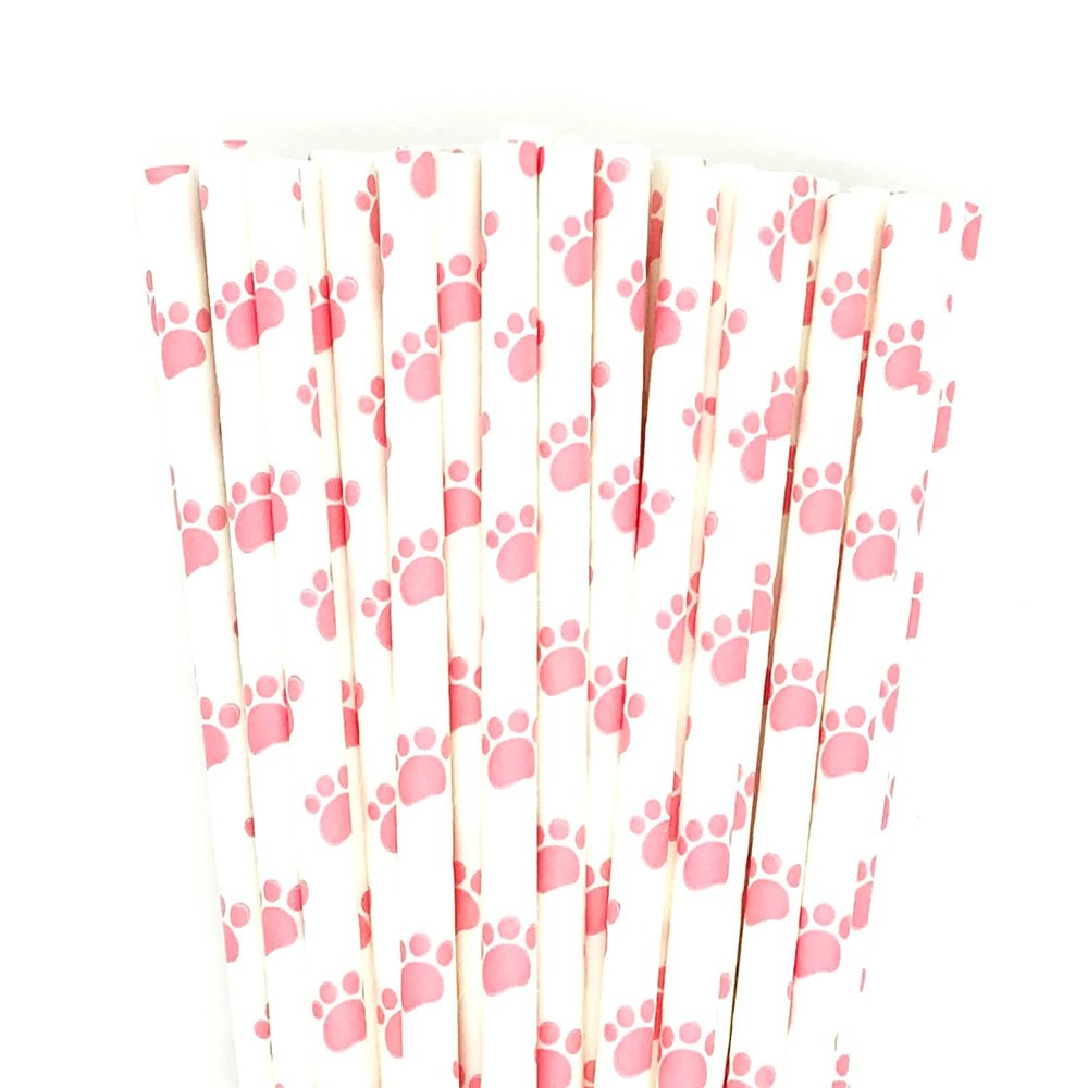 100 pcs Paw Print Paper Straws, Hot Pink Animal Dog Cat Kitty Puppy Doggy Party Drinking Straws, Cute Fun Kawaii Kids Girl Baby Shower Birthday Biodegradable Decorative Cake Pop Sticks (Pink Paw)