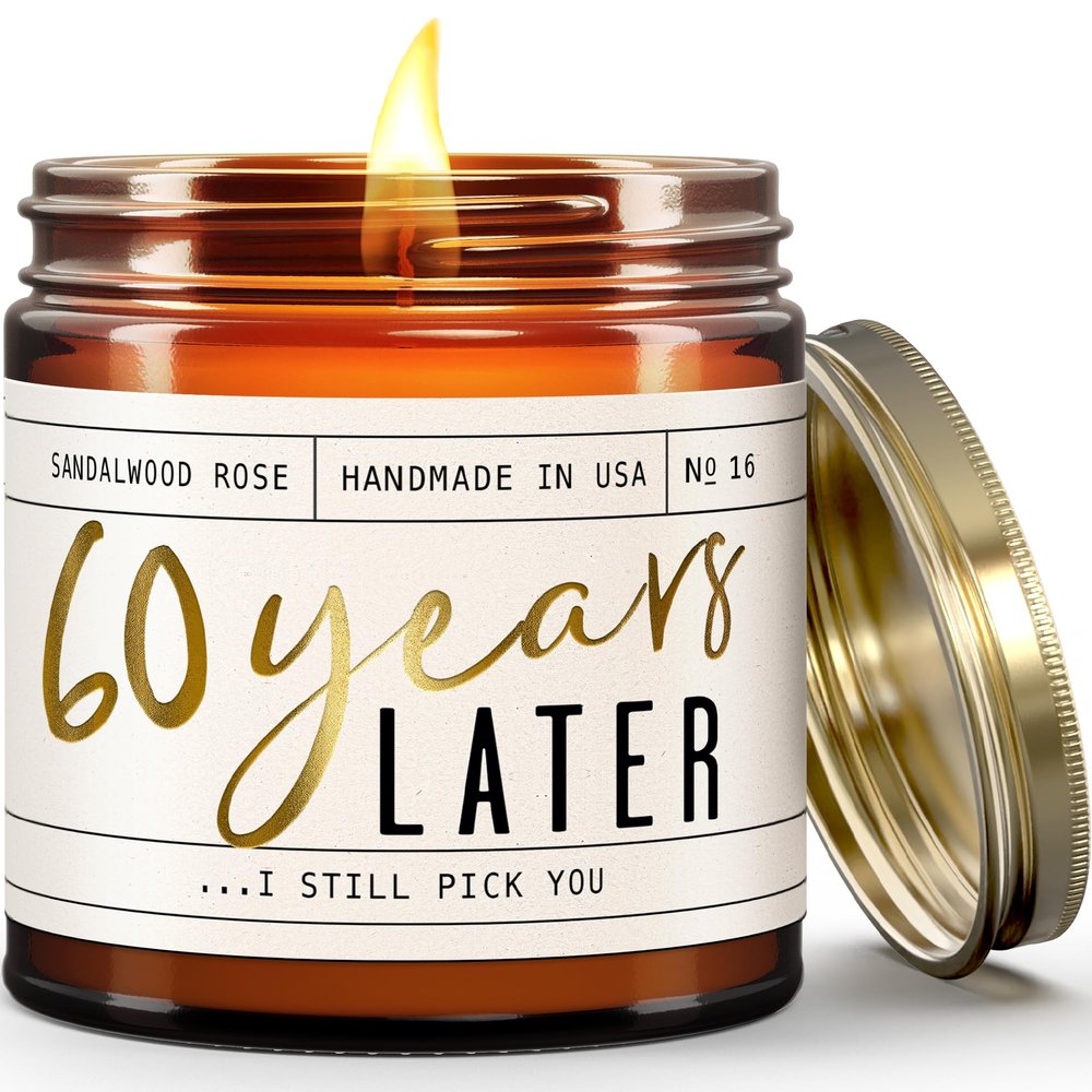 60th Anniversary Gifts - '60 Year Later' Candle, w/Sandalwood Rose - infused w/Essential Oils I 60th Wedding Anniversary Gift Ideas I 60 Year Wedding Anniversary Gifts for Wife I USA Made