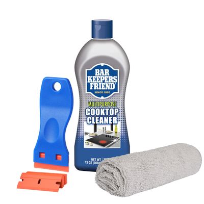 PURPUR Cloth, Scraper & Bar Keepers Friend Cooktop & Stove Cleaner Bundle KIt, Non-Abrasive, Removes Tough Stains for Glass - Ceramic Surfaces (13 Oz)