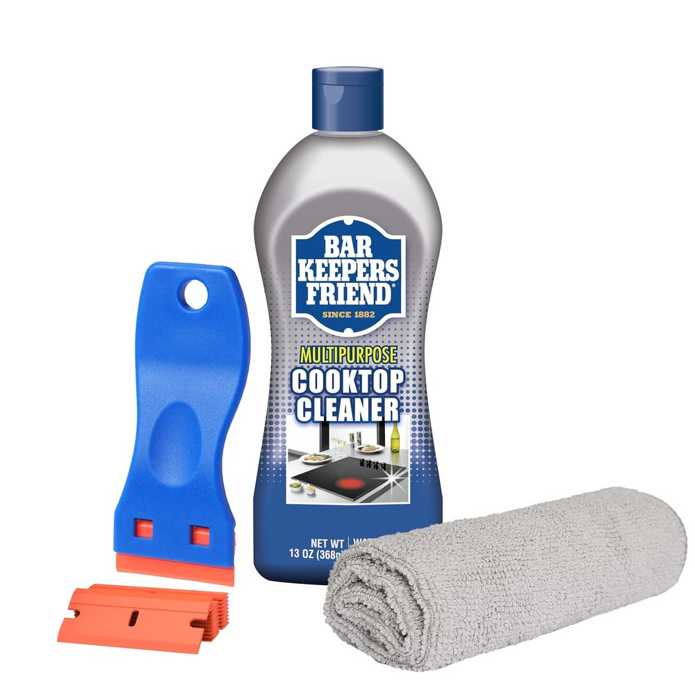 PURPUR Cloth, Scraper & Bar Keepers Friend Cooktop & Stove Cleaner Bundle KIt, Non-Abrasive, Removes Tough Stains for Glass - Ceramic Surfaces (13 Oz)