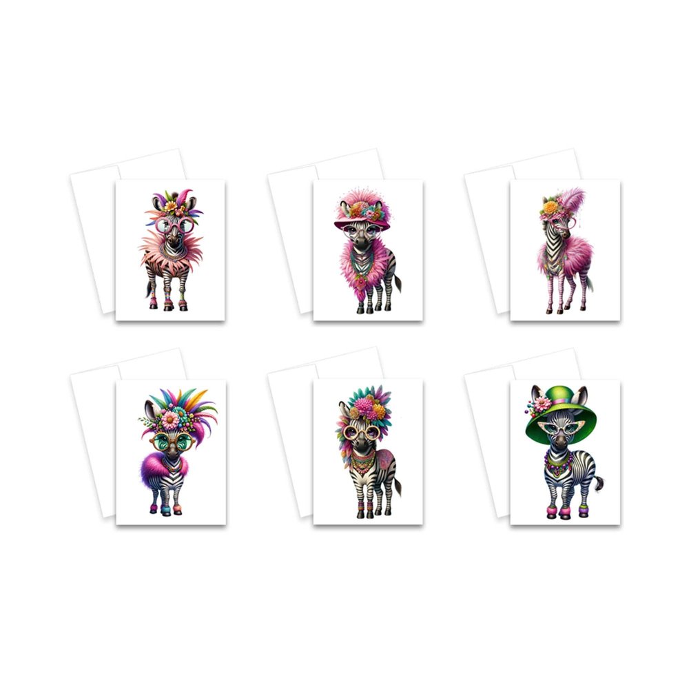 Aria Rae Design Fancy Zebras Note Cards, Set of 12, funny animal notecards, Funny greeting cards, Assorted Cards with Envelopes All Occasion, Blank Inside, zebra gifts for women