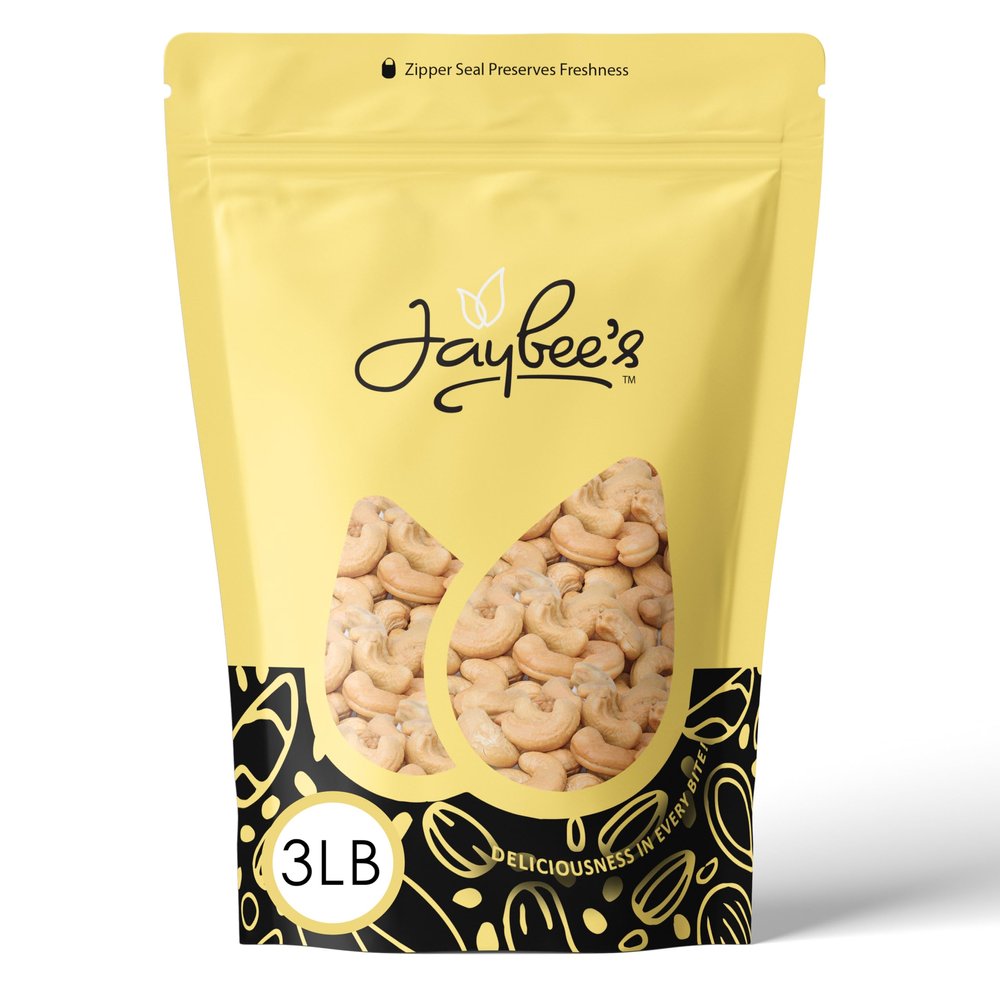 Jaybees Raw Whole Cashew Nuts, 3 LB Bulk Resealable Bag Natural Unsalted Cashews Vegan, Keto & Gluten-Free Snack for Cooking, Baking & Snacking