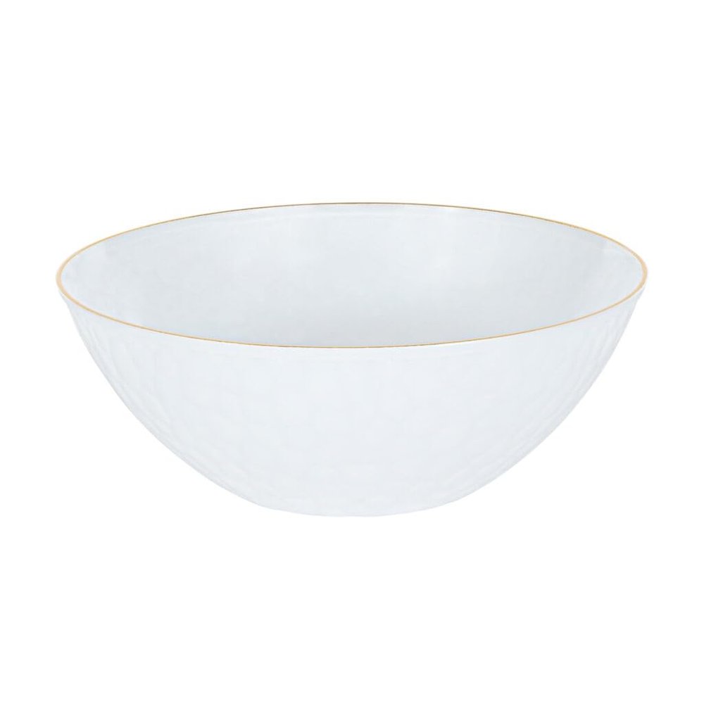 EcoQuality 12oz Hammered White Plastic Round Bowls with Gold Rim - Disposable Translucent Plastic Soup Bowls, Heavy Duty Salad Bowls, Dessert Bowl, Baby Showers, Weddings, Birthday Party (120)