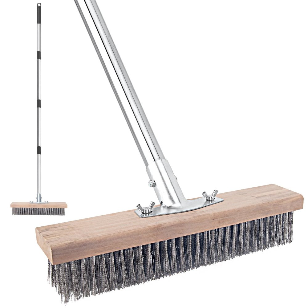 Stainless Steel Wire Scrub Brush with Long Handle for Deck, Concrete, Patio Floor Cleaning, 59'' Heavy Duty Stiff Metal Bristle Scrubber Broom for Outdoor Moss Removal