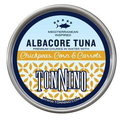 Tonnino Tuna Fish Albacore - Premium chunk in water with Chickpeas, Corn & Carrots - Pack of 12 Alternative to Salmon Protein Snacks Ready to Eat Meals in Can