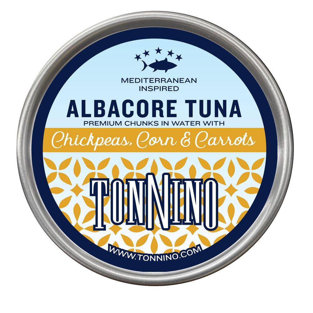 Tonnino Tuna Fish Albacore - Premium chunk in water with Chickpeas, Corn & Carrots - Pack of 12 Alternative to Salmon Protein Snacks Ready to Eat Meals in Can