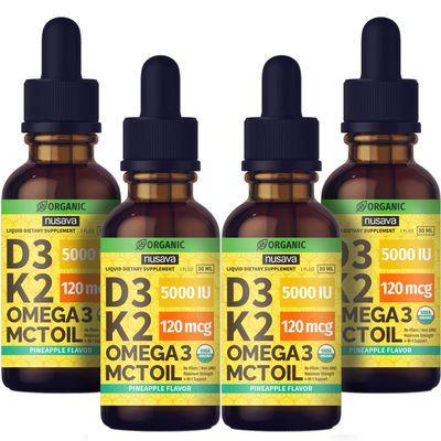 (4 Pack) Organic Vitamin D3 K2 Drops with MCT Oil Omega 3, Maximum Strength Vitamin D Liquid 5000 IU, No Fillers, Non-GMO Liquid D3 for Faster Absorption and Immune Support (Pineapple, 4 Fl Oz)