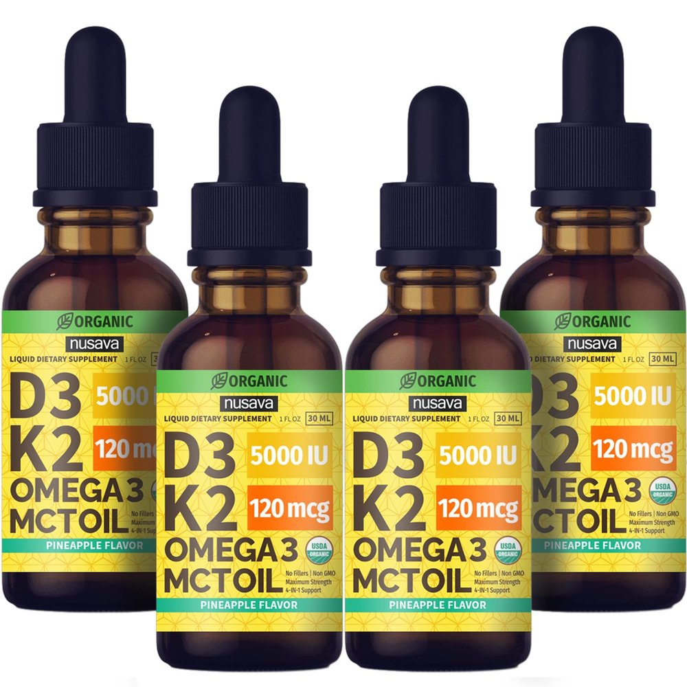 (4 Pack) Organic Vitamin D3 K2 Drops with MCT Oil Omega 3, Maximum Strength Vitamin D Liquid 5000 IU, No Fillers, Non-GMO Liquid D3 for Faster Absorption and Immune Support (Pineapple, 4 Fl Oz)